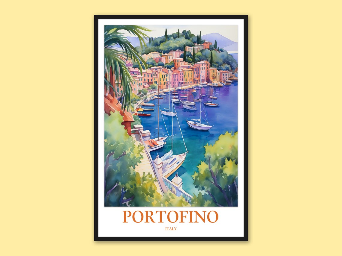 Portofino Italy Harbor Sailboat Masts Watercolor Poster in Sunlight