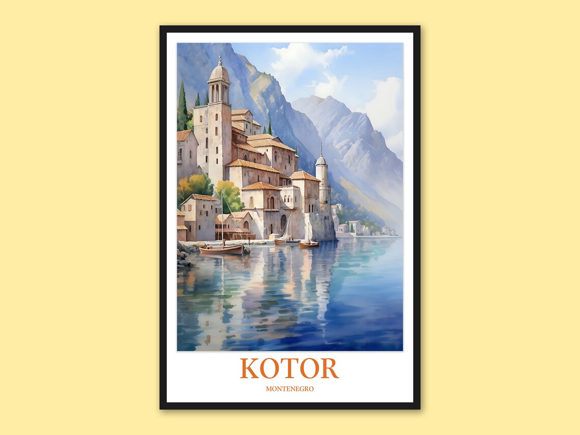 Kotor Montenegro Old Town Church Bay Watercolor Travel Poster