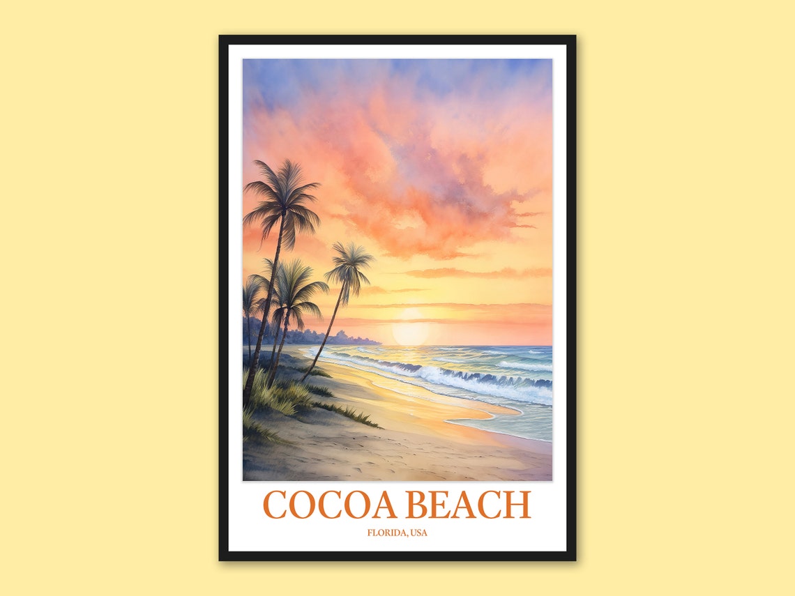 Cocoa Beach Florida Palm Trees Golden Sunset Beach Travel Poster