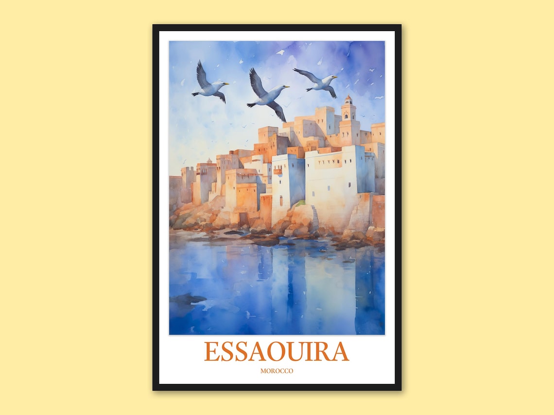 Essaouira Morocco Coastal Fortress Seagulls Harbor Watercolor Art Poster