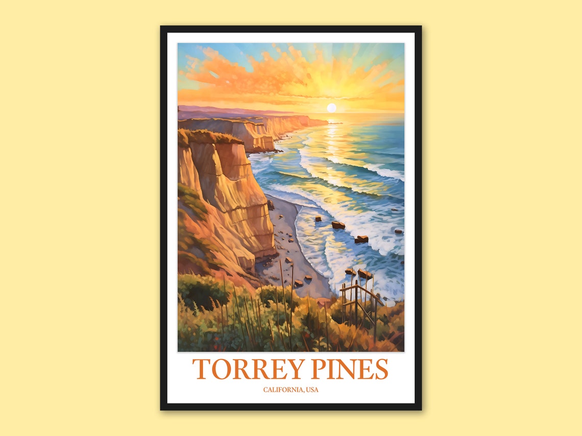 Torrey Pines California Sunset Cliffs Ocean Vintage Travel Poster