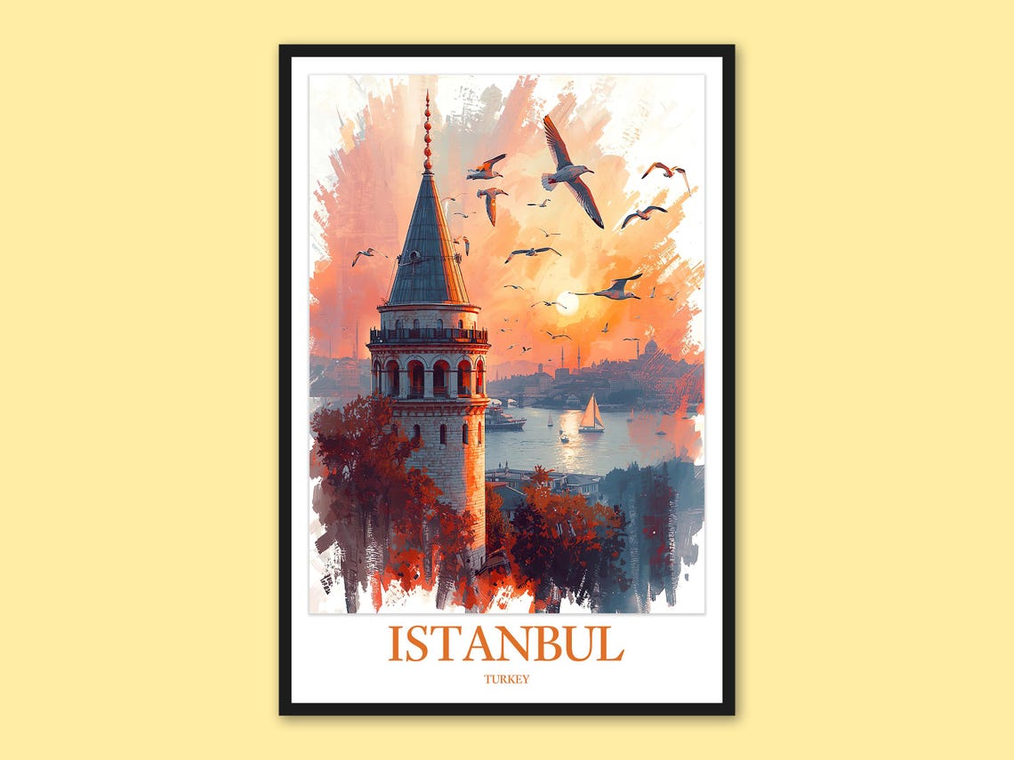 Istanbul Galata Tower Seagulls Sunset Artistic Travel Poster