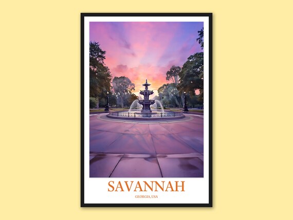 Savannah Georgia Park Fountain Sunset Watercolor Travel Poster