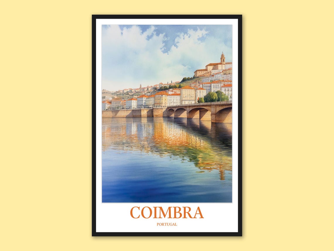 Coimbra Portugal Bridge Over River Sunset Reflection Watercolor Poster