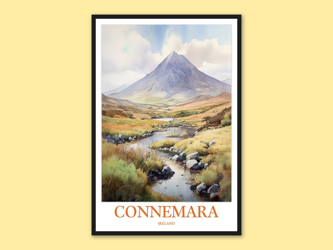 Connemara Ireland Mountain Stream Valley Watercolor Travel Poster