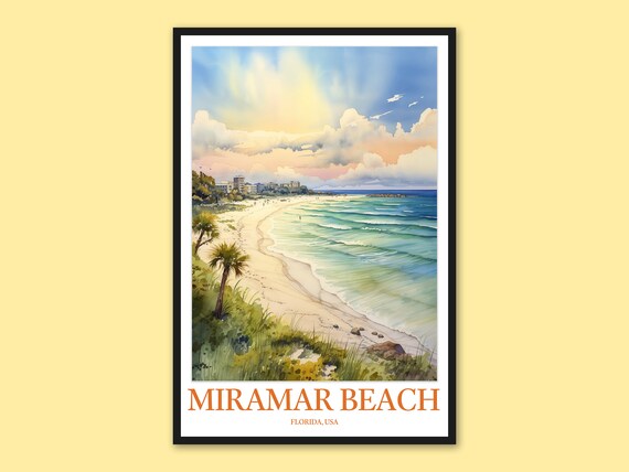 Miramar Beach Florida Watercolor Travel Poster Curved Sandy Beach Palm Trees