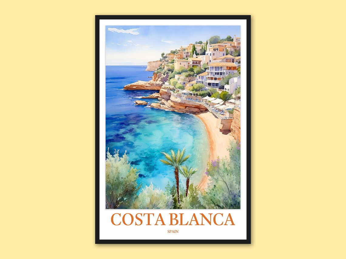 Costa Blanca Spain Cliffside Village Watercolor Travel Poster