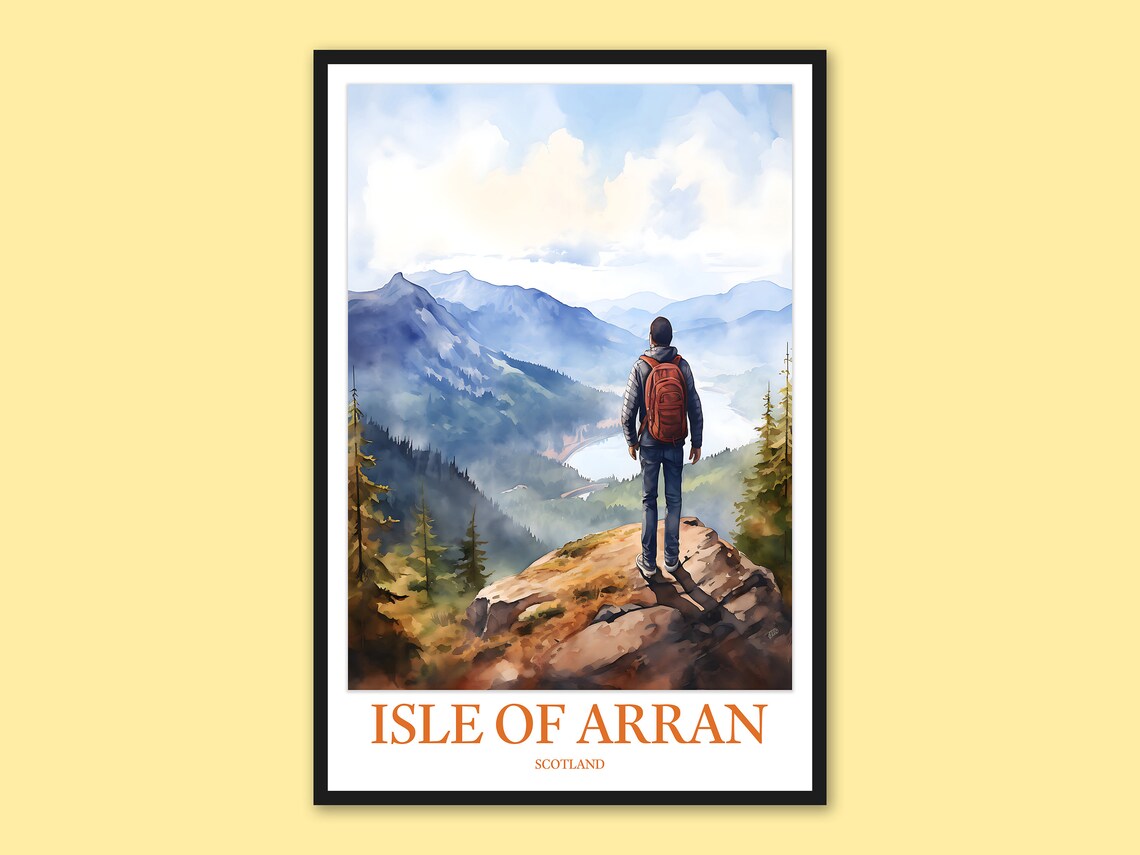 Isle Of Arran Scotland Hiker Summit Watercolor Mountain Travel Poster
