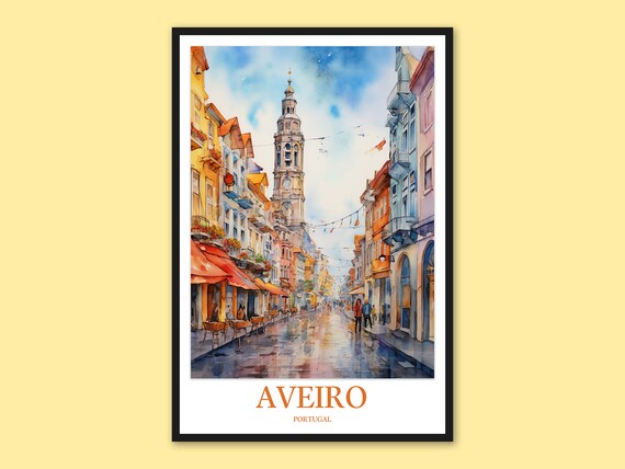 Aveiro Portugal Colorful Old Street Bell Tower Watercolor Travel Poster