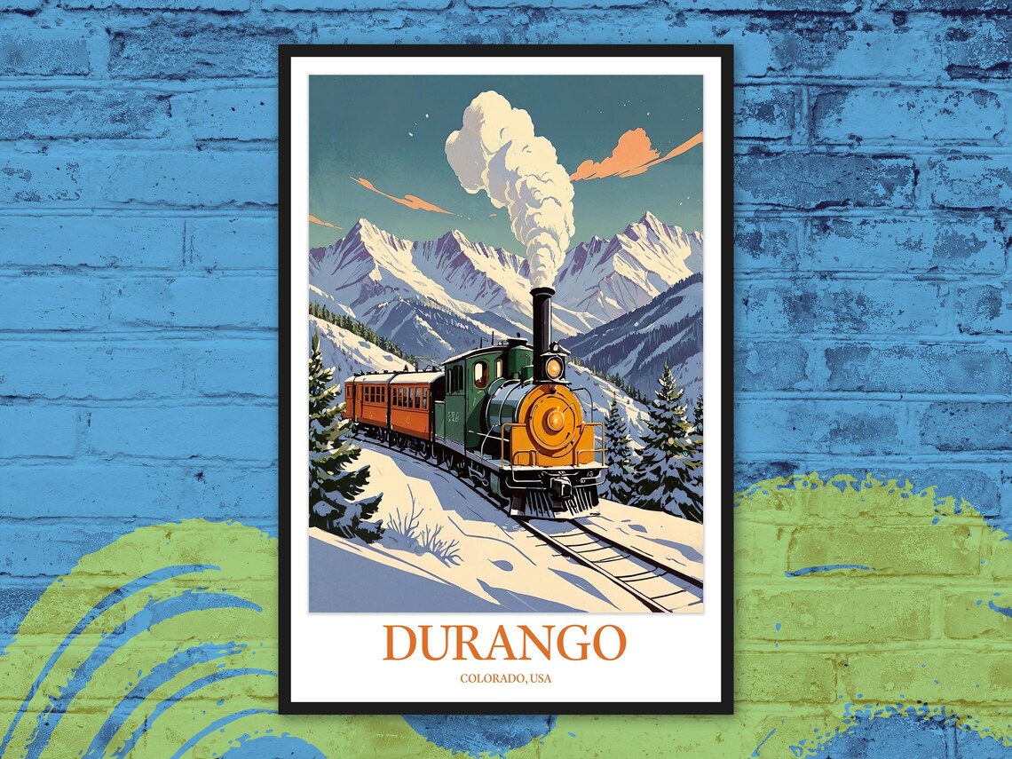 Durango Colorado Daytime Steam Train Snowy Peaks Blue Sky Travel Poster