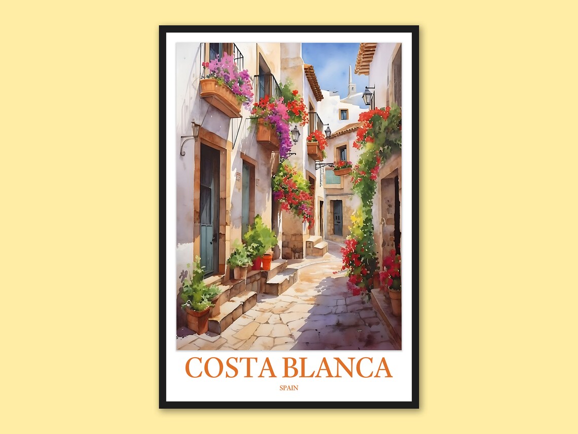 Costa Blanca Spain Flowered Village Alleyway Watercolor Poster