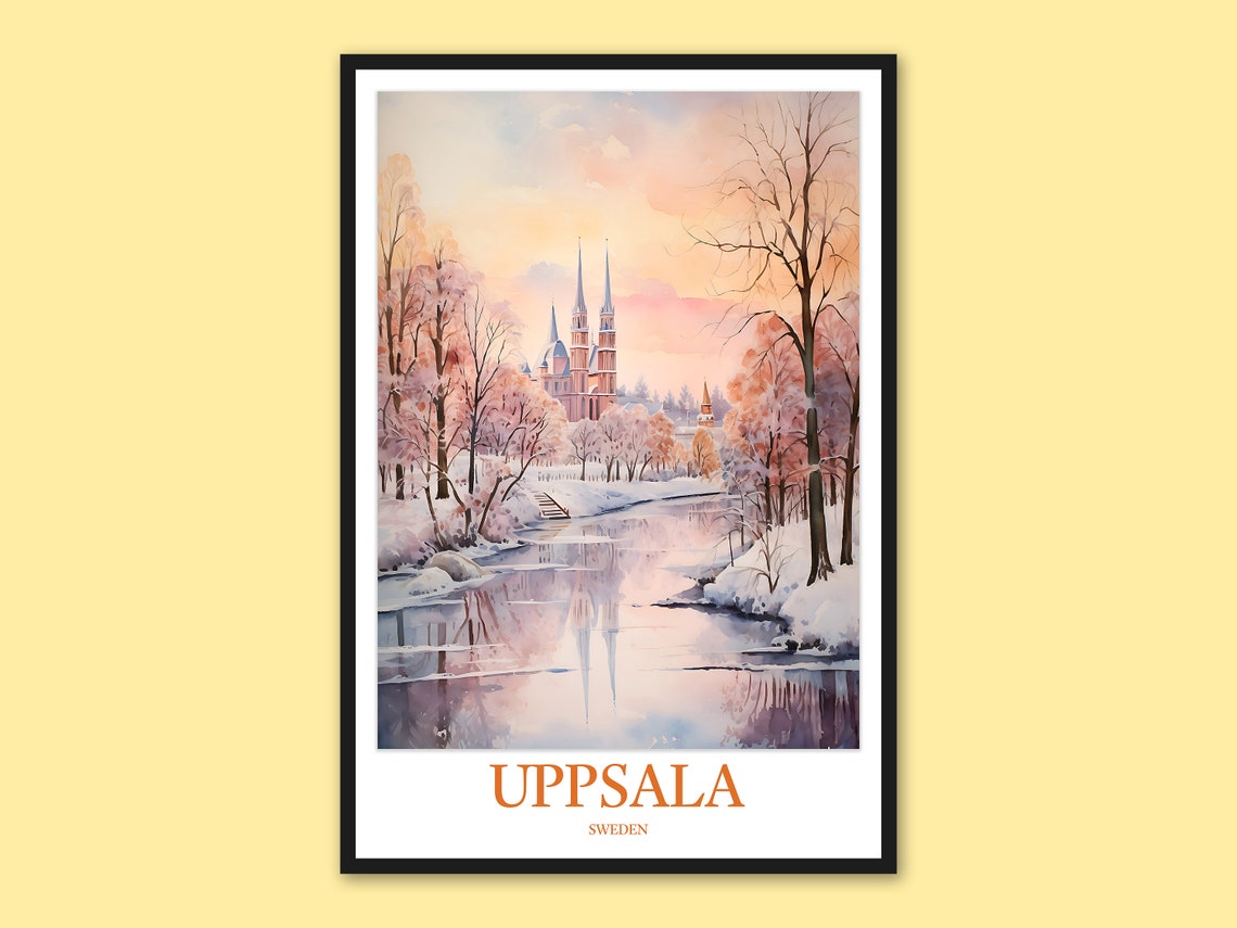 Uppsala Sweden Winter Watercolor Poster Cathedral Mirrored in River