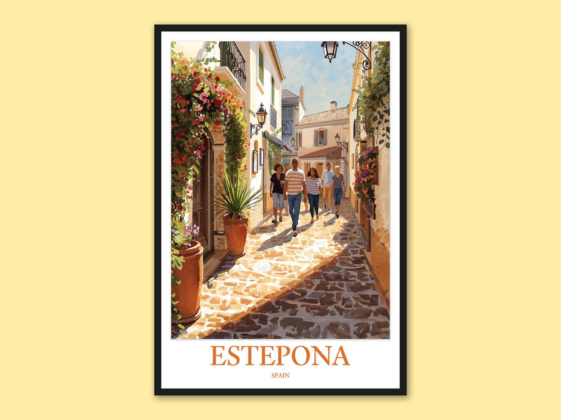 Estepona Spain Cobbled Old Town Street Bougainvillea Travel Poster
