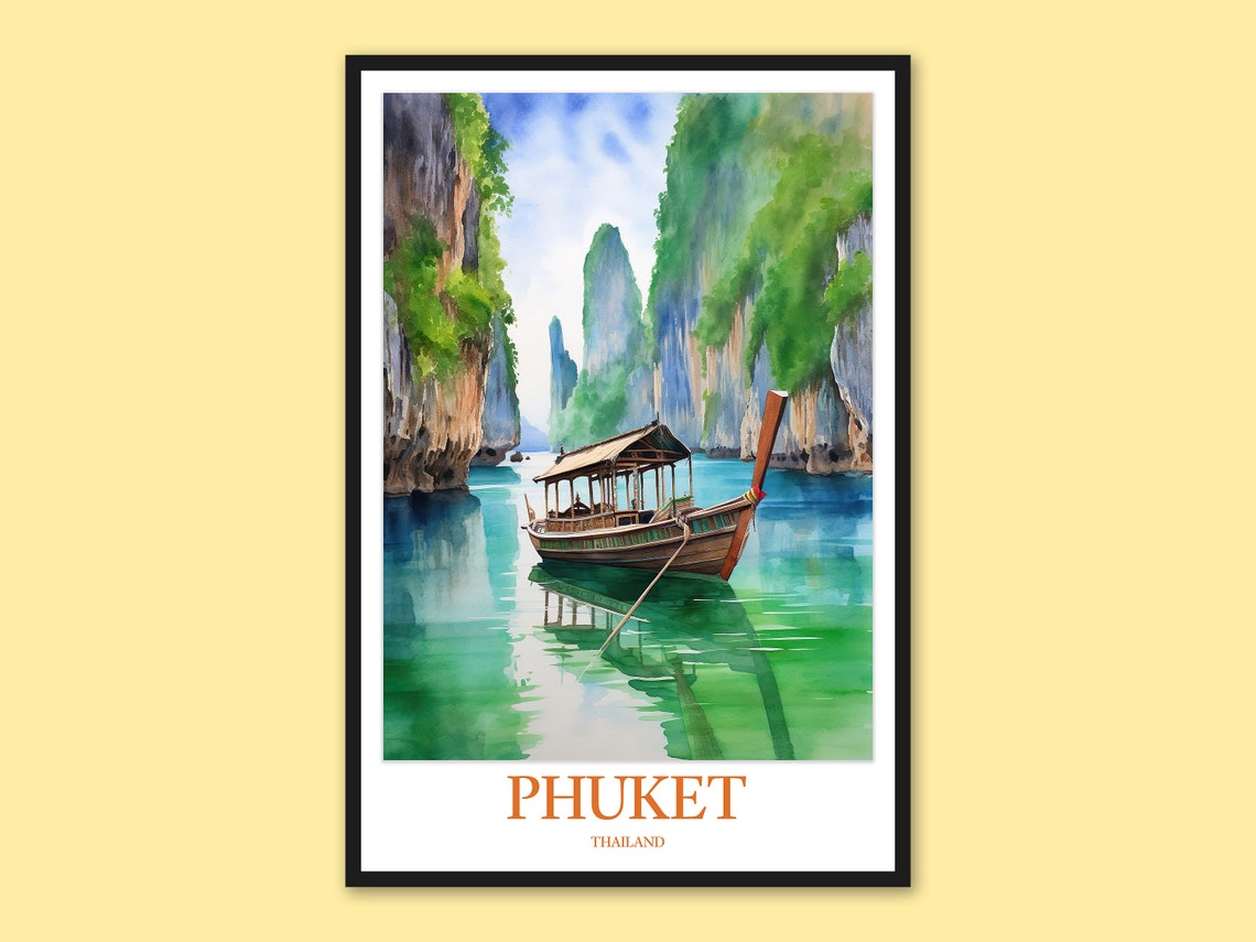 Phuket Thailand Longtail Boat Limestone Karsts Watercolor Poster