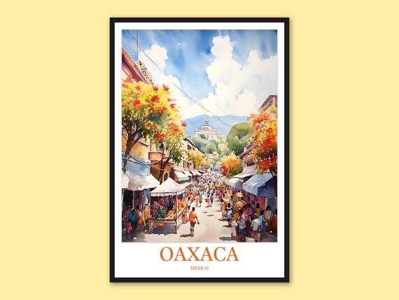 Oaxaca Mexico Colorful Street Market Watercolor Travel Poster