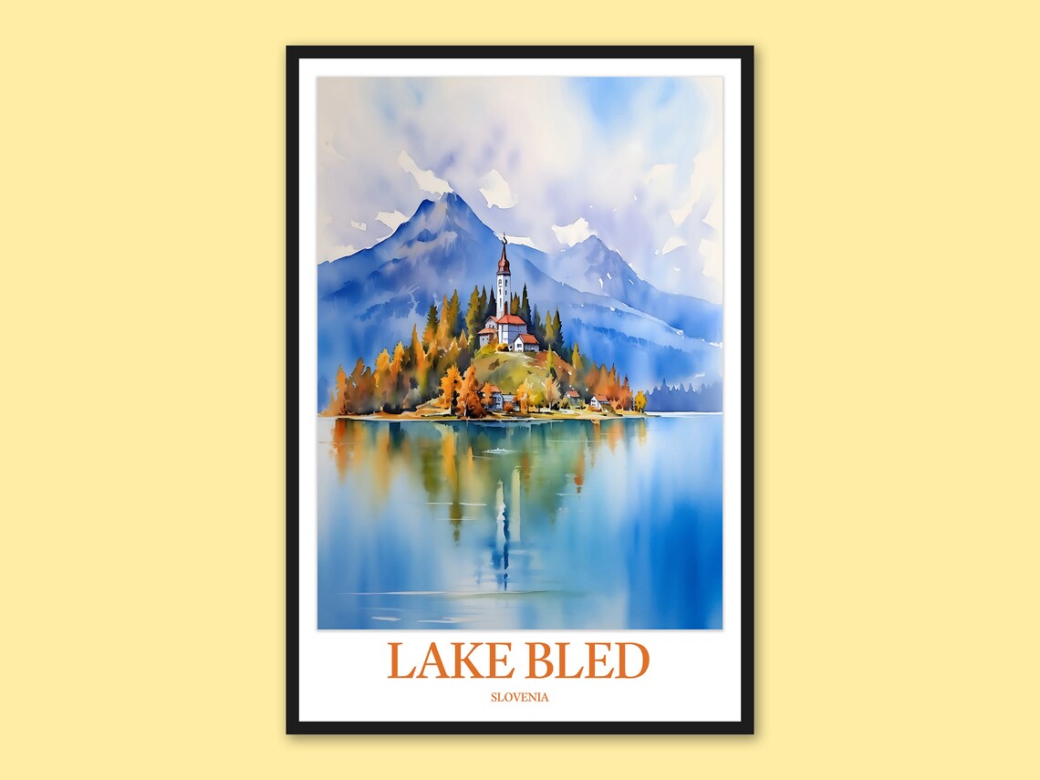 Lake Bled Slovenia Autumn Island Church Watercolor Travel Poster