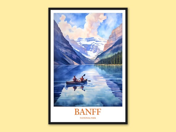 Banff National Park Canoe On Moraine Lake Mountain Watercolor Poster