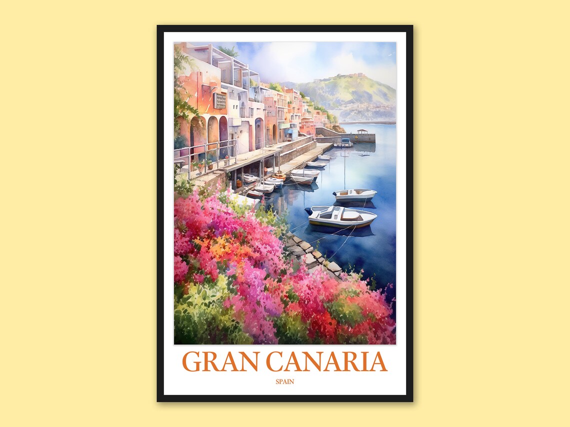 Gran Canaria Spain Harbor Bougainvillea Boats Watercolor Travel Poster