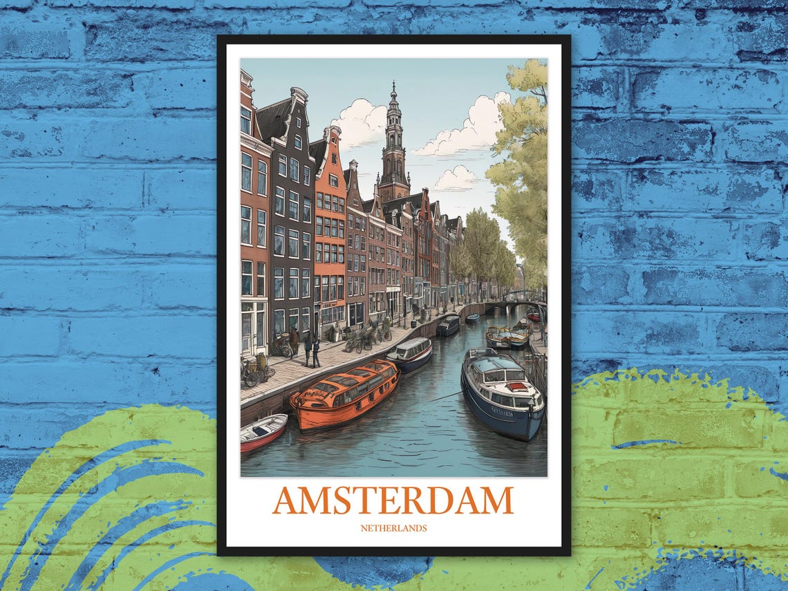 Amsterdam Canal Watercolor with Orange Boat and Gabled Houses Poster