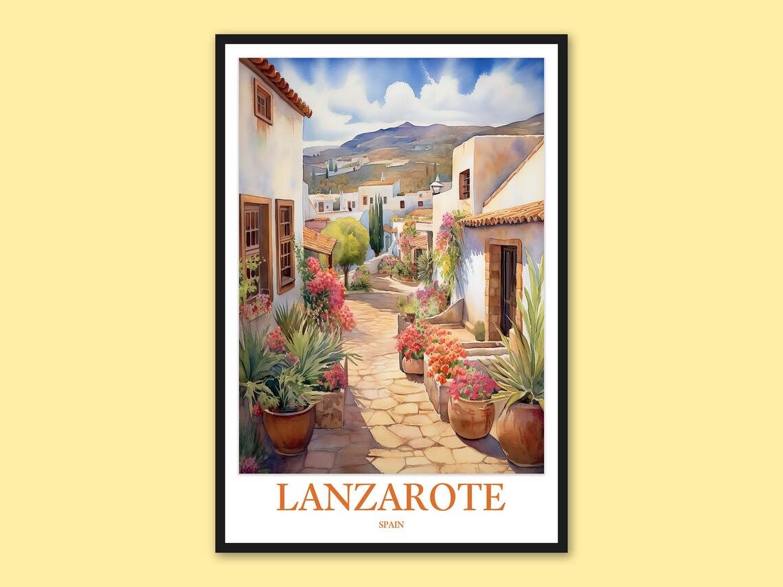 Lanzarote Spain Village Flower Alley Watercolor Travel Poster