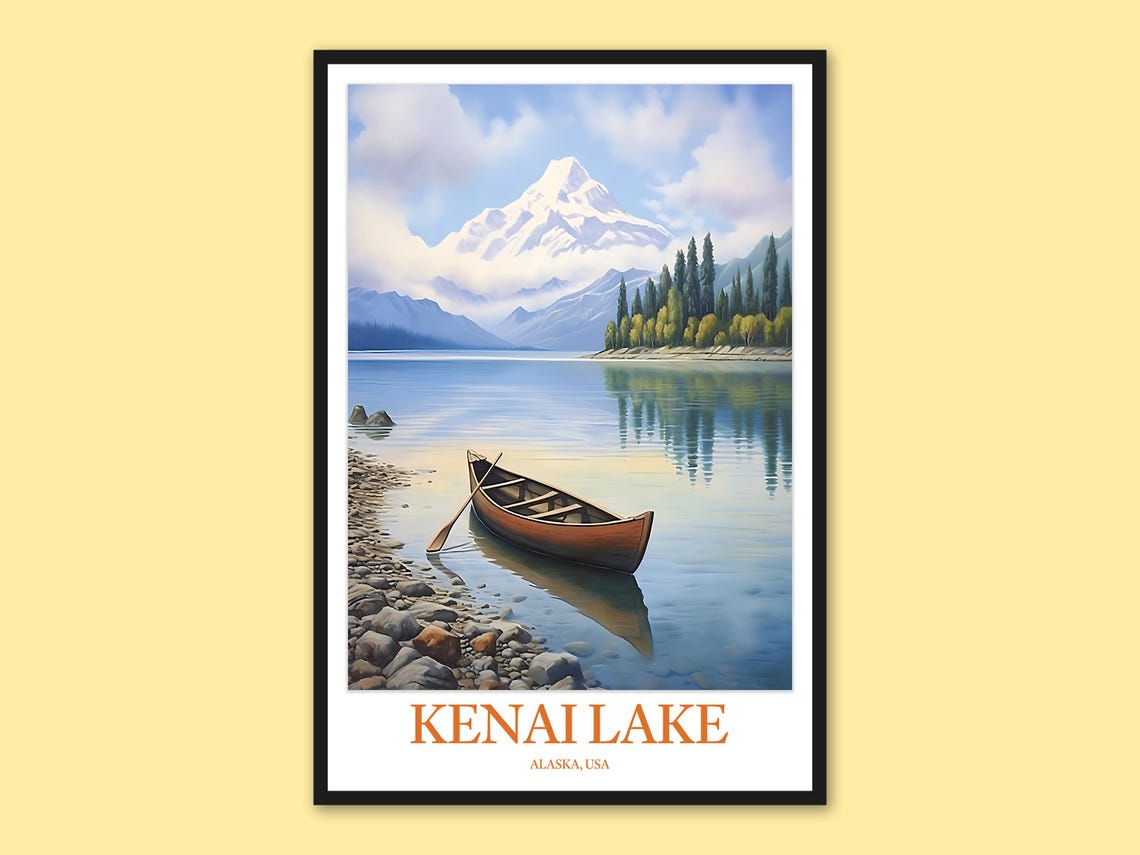 Kenai Lake Alaska Floating Canoe Reflection Retro Travel Poster
