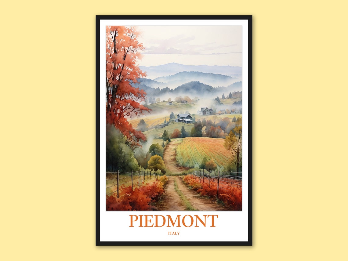 Piedmont Italy Autumn Vineyard Valley Watercolor Travel Poster