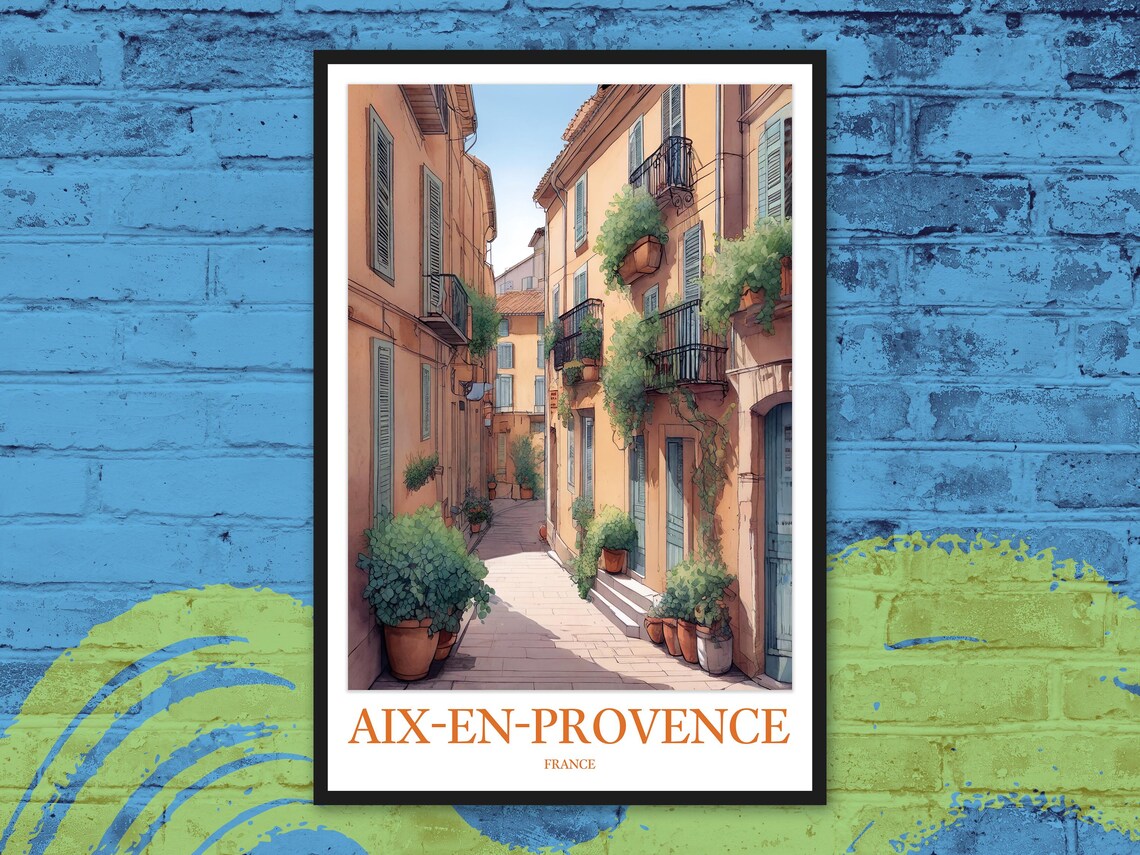 Aix-en-Provence Illustrated Cobblestone Street France Travel Poster