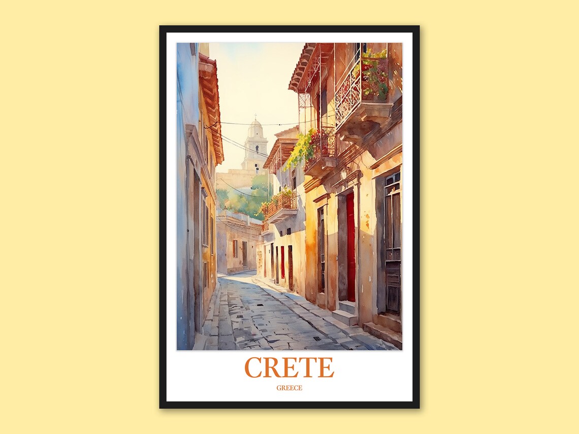 Crete Greece Rethymnon Old Town Cobblestone Street Travel Poster