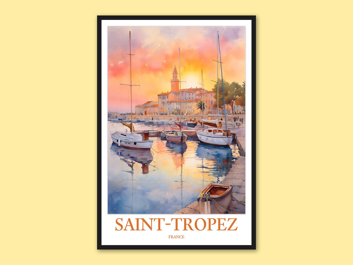 Saint-Tropez Harbor Sunset Sailboats Watercolor Travel Poster France