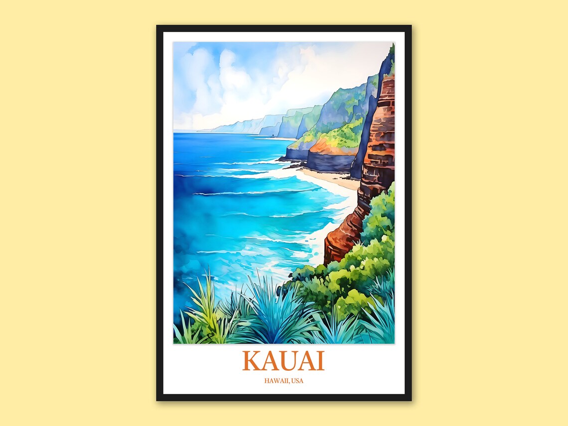 Kauai Hawaii Na Pali Coast Cliffs Watercolor Tropical Ocean Travel Poster