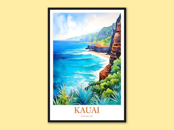 Kauai Hawaii Na Pali Coast Cliffs Watercolor Tropical Ocean Travel Poster