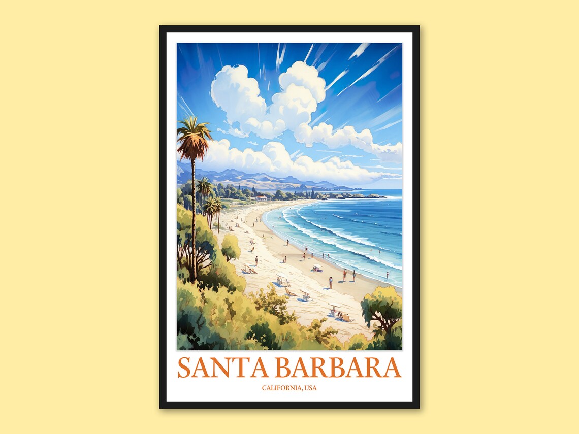 Santa Barbara California Hillside Beach Bay Watercolor Travel Poster