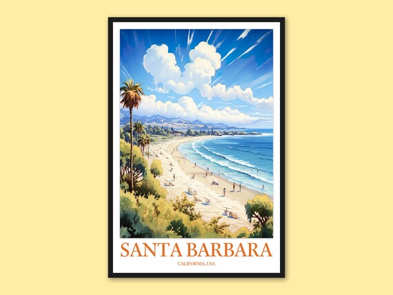 Santa Barbara California Hillside Beach Bay Watercolor Travel Poster