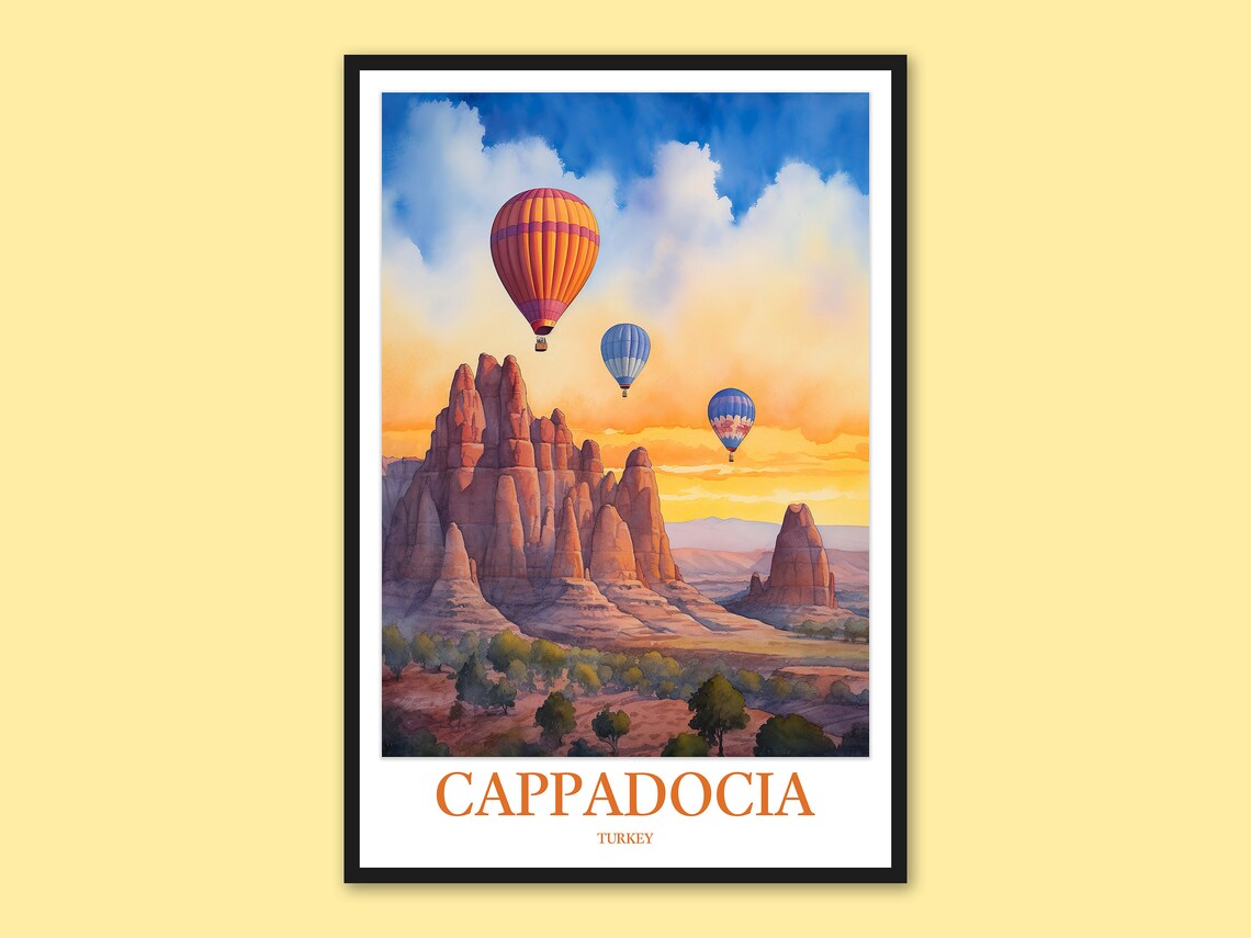Cappadocia Sunset Balloons Over Red Rock Cliffs Golden Travel Poster