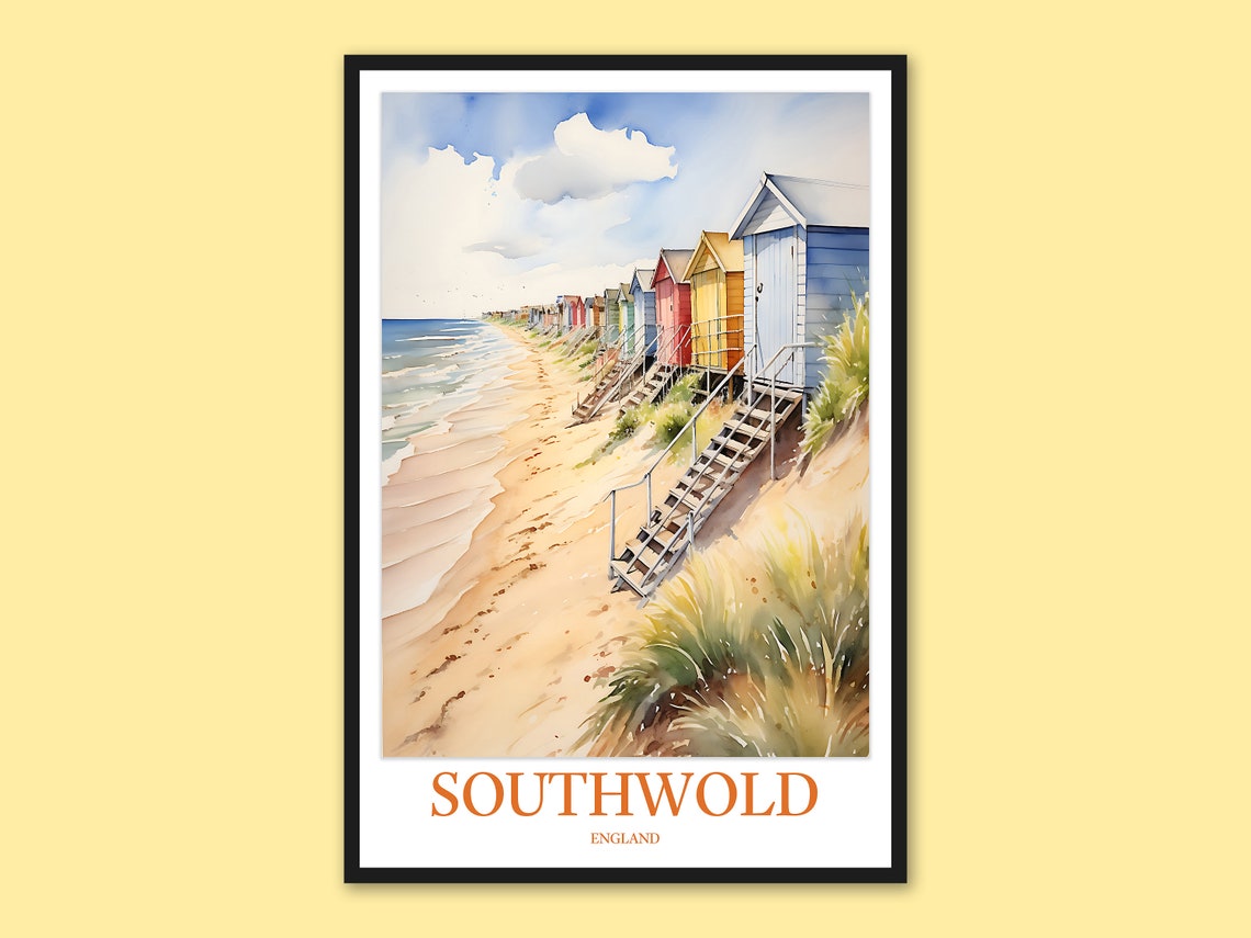 Southwold England Beach Huts Steps Dune Watercolor Coastal Wall Art