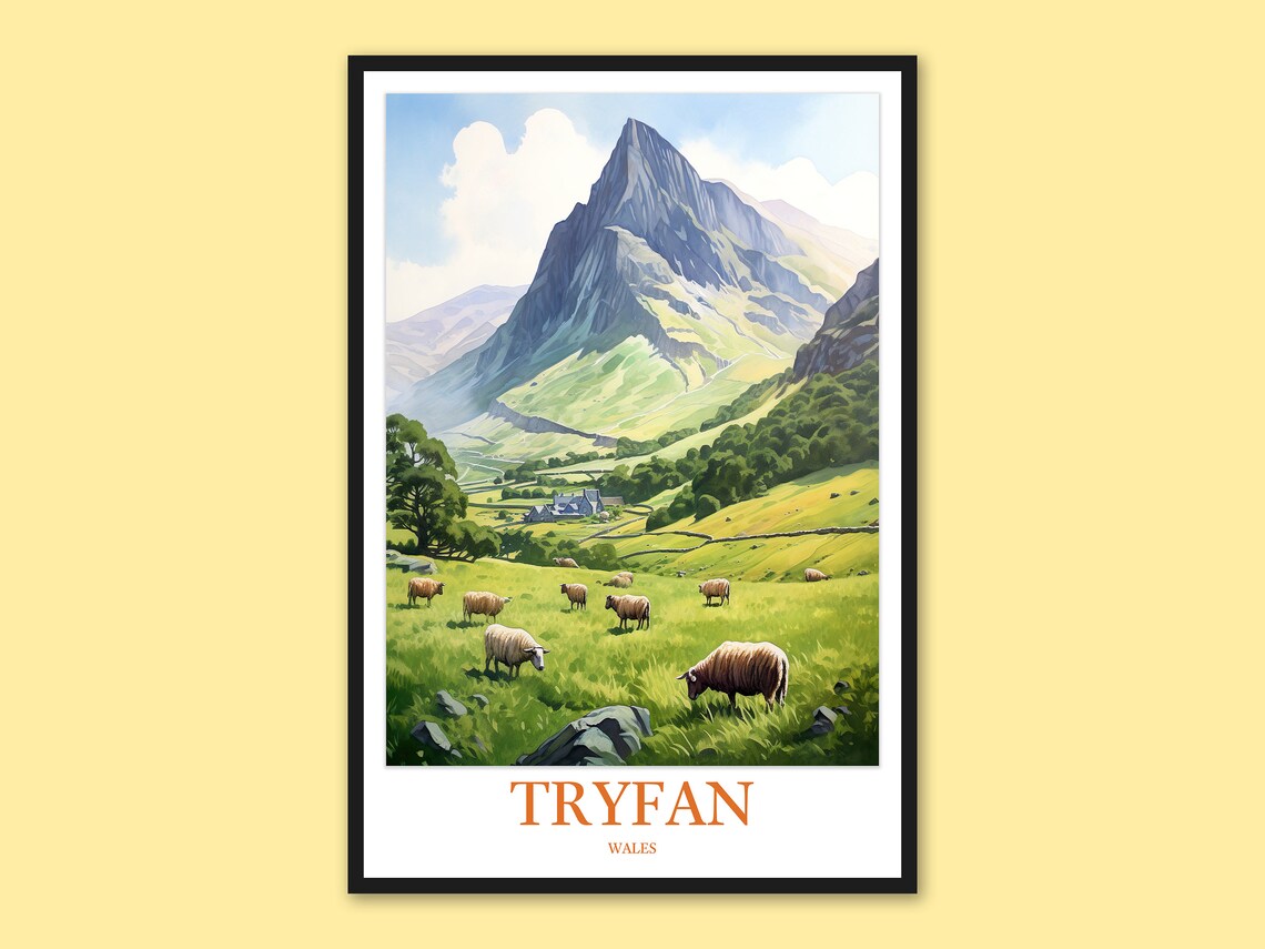Tryfan Wales Sheep Meadow With Village in Valley View Poster