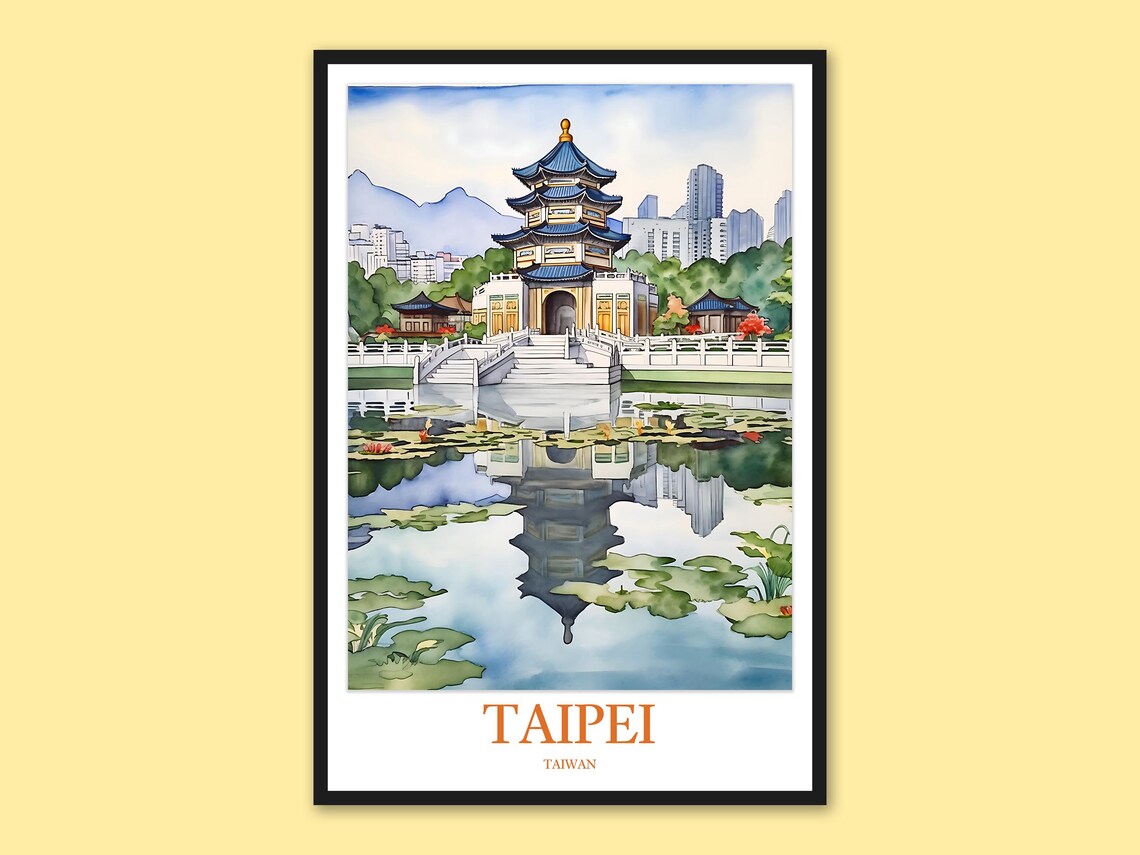 Taipei Taiwan Tiered Pagoda Lotus Pond Reflection Travel Poster