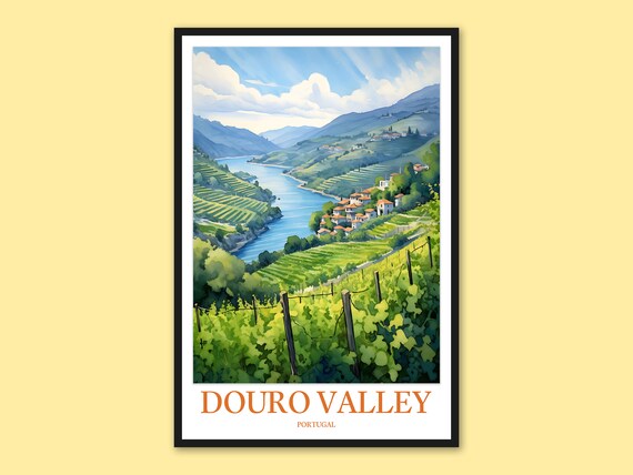 Douro Valley Portugal River Bend Village Watercolor Travel Poster