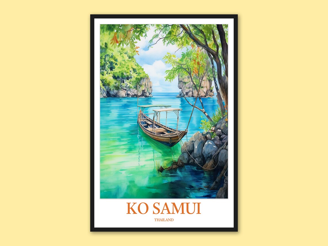 Ko Samui Thailand Rocky Cove With Longtail Boat Travel Poster