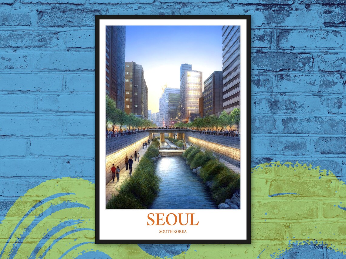 Seoul Cheonggyecheon Stream Sunset Cityscape Travel Poster South Korea