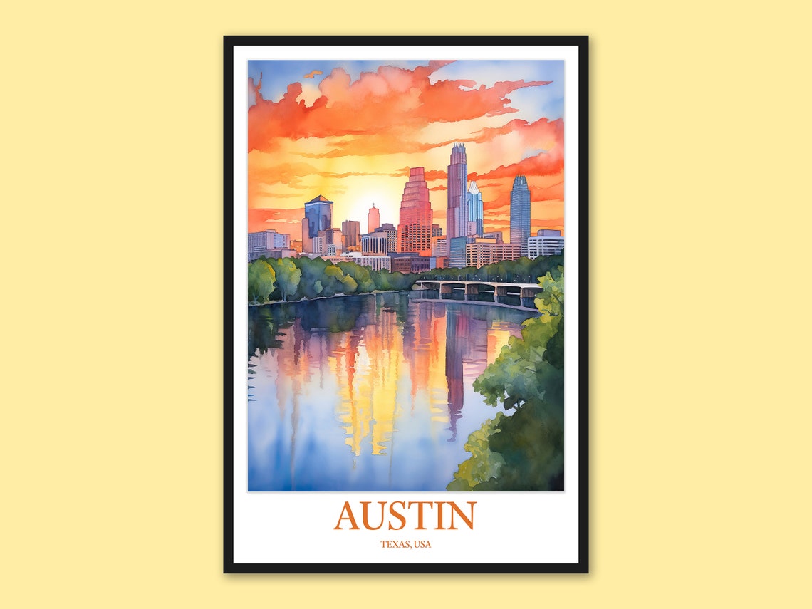 Austin Texas Sunset Skyline River Reflection Watercolor Travel Poster