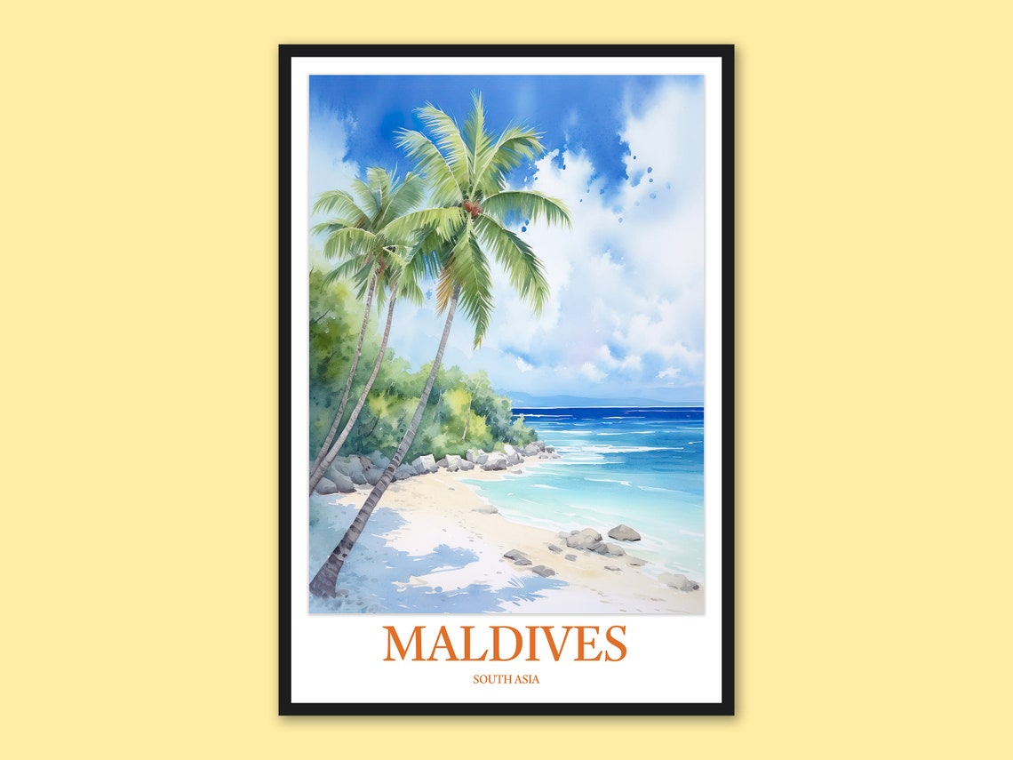 Maldives Palm Fringed Beach Rocky Shoreline Watercolor Travel Poster