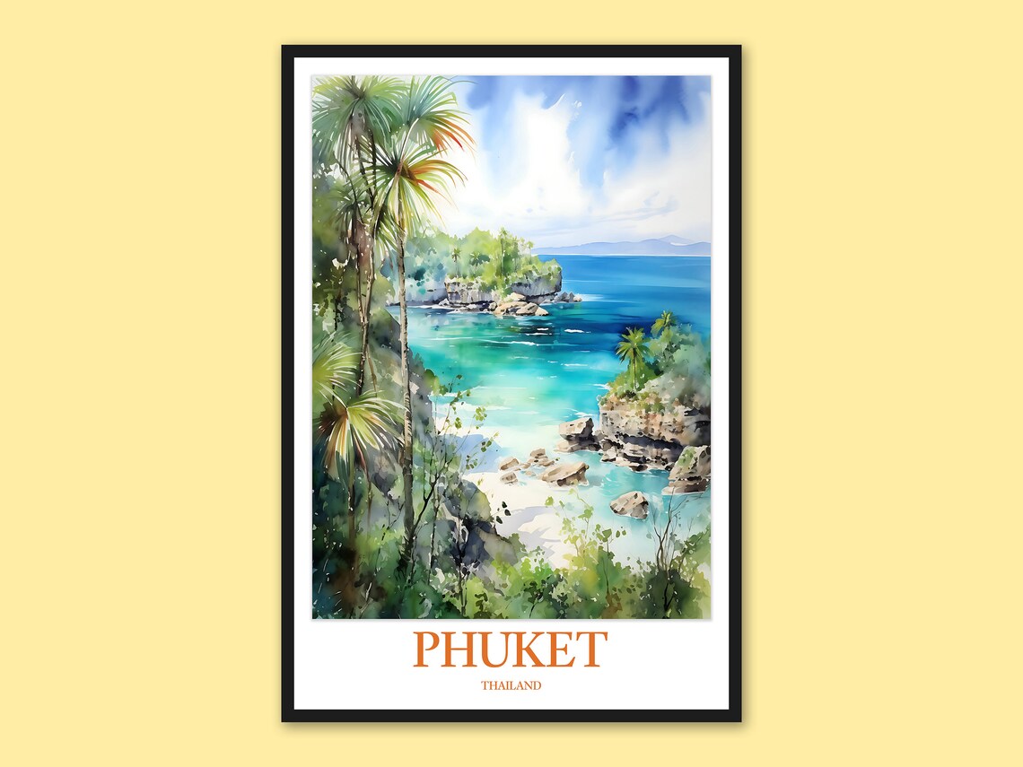 Phuket Thailand Lush Tropical Palm Cove Watercolor Travel Poster