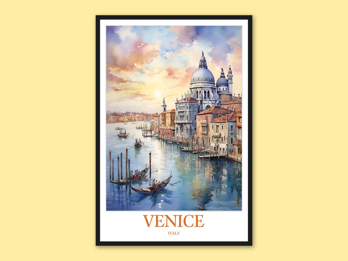 Venice Italy Grand Canal Gondolas Watercolor Sunset Travel Poster