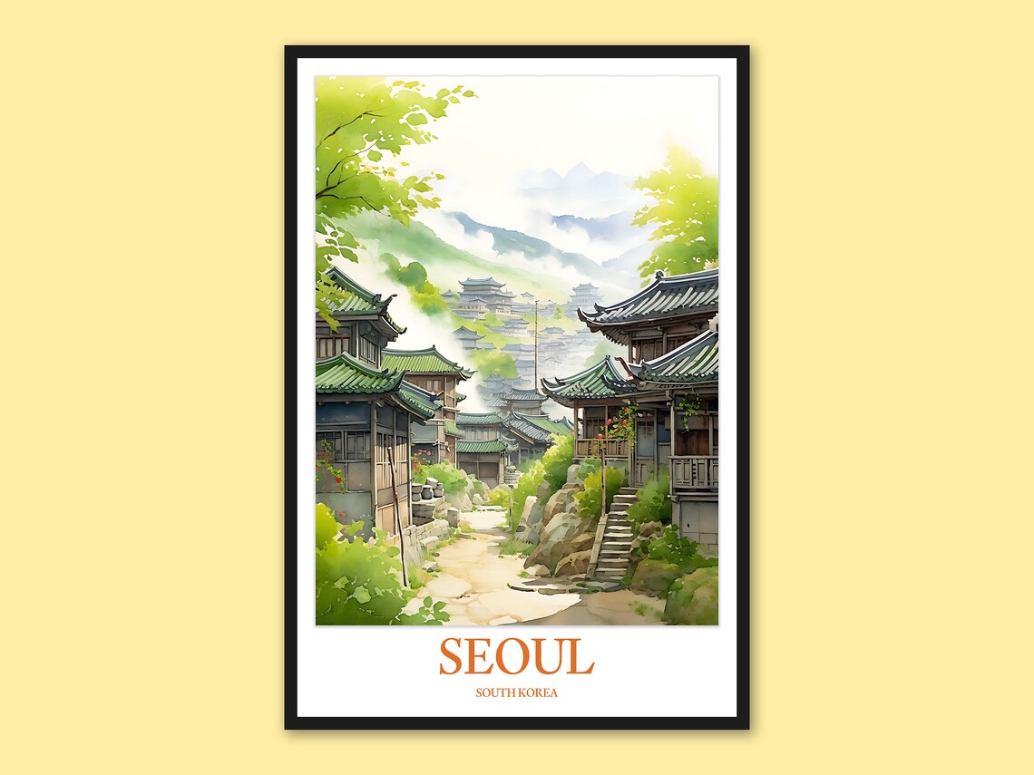 Seoul Hanok Village Green Tiled Roofs Watercolor Travel Poster