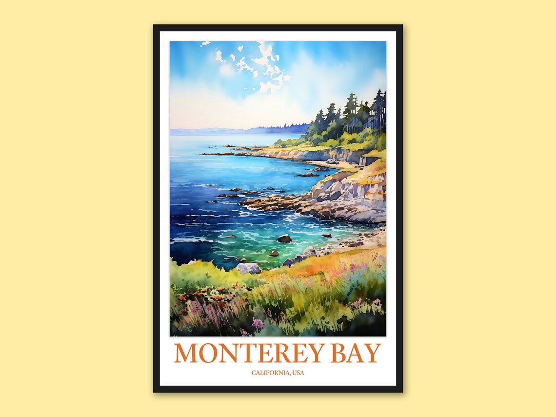 Monterey Bay California Cliffs and Cove Blue Ocean Watercolor Poster