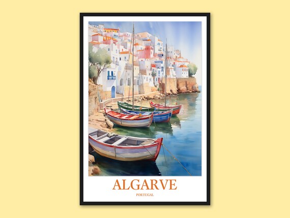 Algarve Portugal Fishing Village Harbor Boats Watercolor Poster