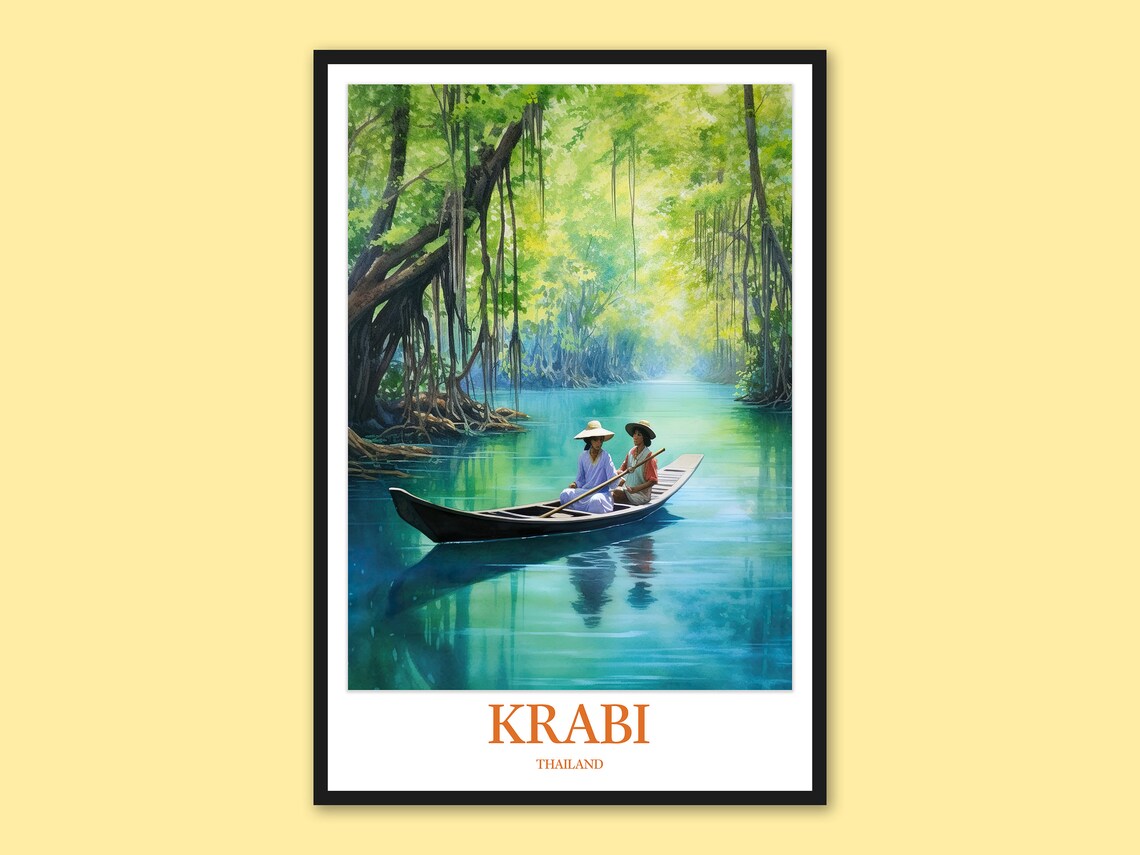 Krabi Thailand Mangrove River Boat Travel Watercolor Art Poster
