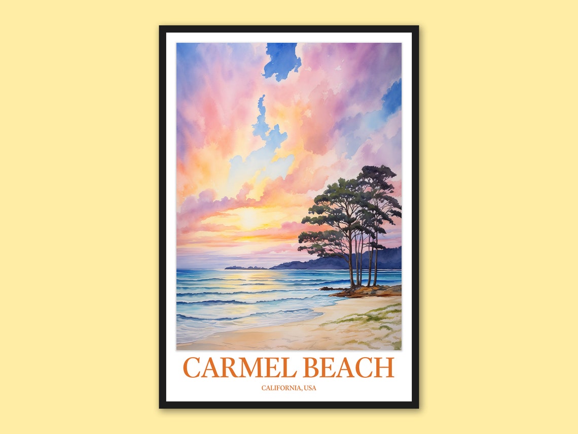 Carmel Beach California Pink Sky Sunset Watercolor Travel Poster