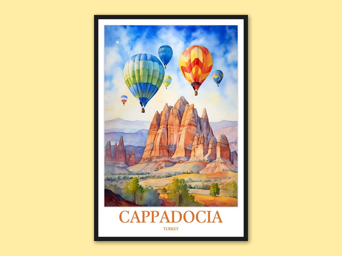 Cappadocia Colorful Hot Air Balloons Over Rock Pinnacles Poster